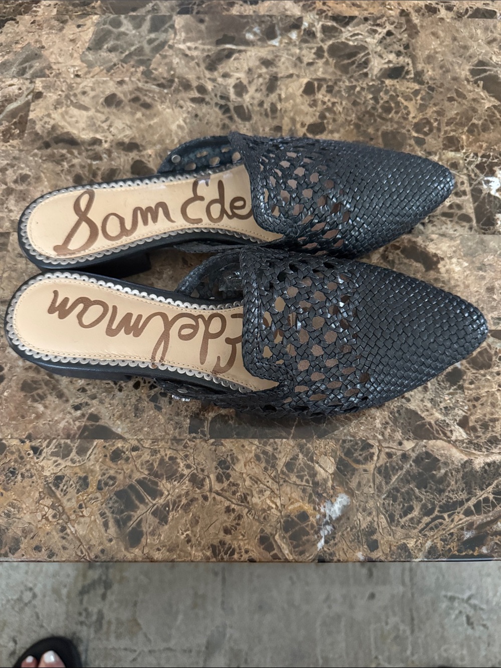 Sam Edelman Black Woven Pointed Slingback Mules